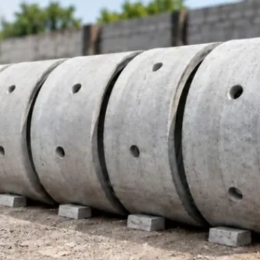 Manilhas de concreto alinhadas no pátio da fábrica