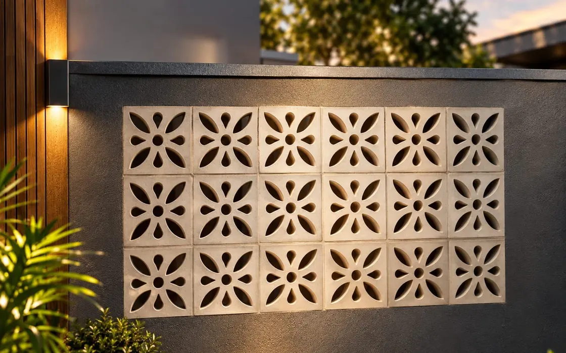 Painel de cobogó Flor aplicado sobre muro escuro, com iluminação rasante