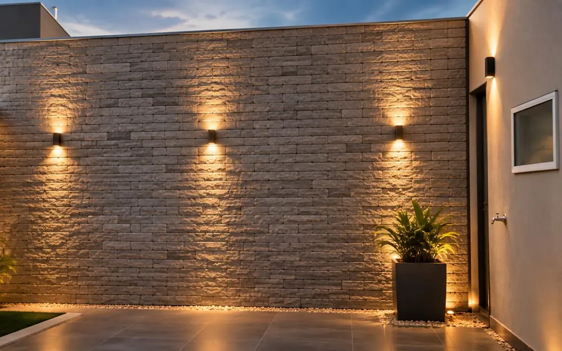Muro externo revestido com Rockface Travertino, iluminado por arandelas