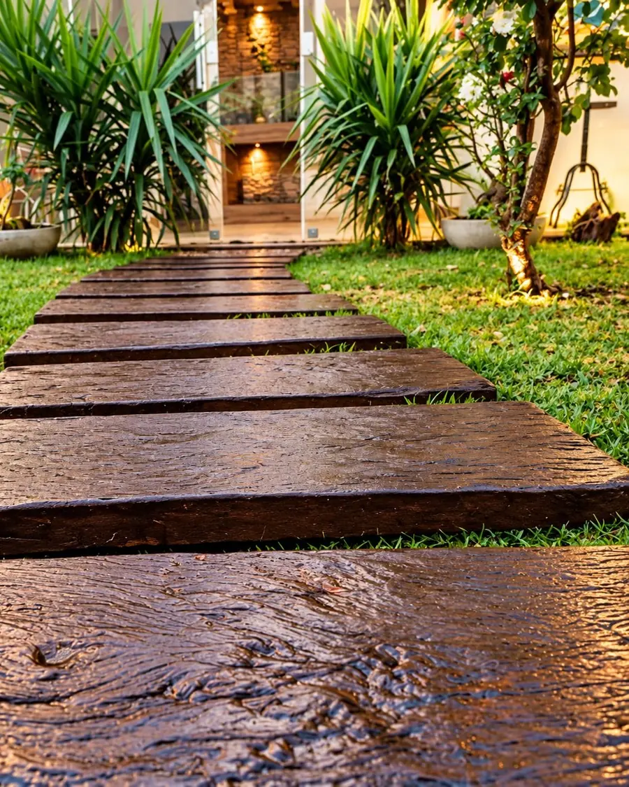 Passarela de jardim feita com pisantes de concreto que imitam madeira